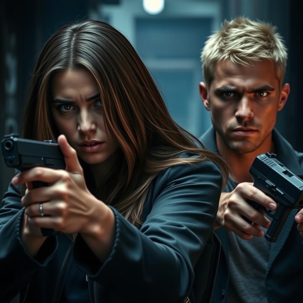 A dramatic and tense scene featuring Justice Carter, a determined young woman with long brown hair, dark green eyes, and piercings in her mouth and eyebrows