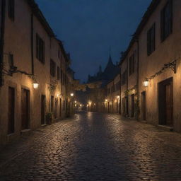 A quaint, eerie town under the shroud of night with dimly lit lanterns casting long shadows on the cobblestone streets