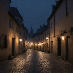 A quaint, eerie town under the shroud of night with dimly lit lanterns casting long shadows on the cobblestone streets