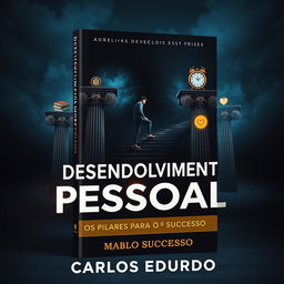 A captivating book cover for 'Desenvolvimento Pessoal: Os Pilares para o Sucesso' by Carlos Eduardo, featuring a dark, motivational design