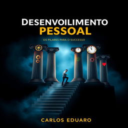 A captivating book cover for 'Desenvolvimento Pessoal: Os Pilares para o Sucesso' by Carlos Eduardo, featuring a dark, motivational design