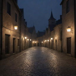 A quaint, eerie town under the shroud of night with dimly lit lanterns casting long shadows on the cobblestone streets