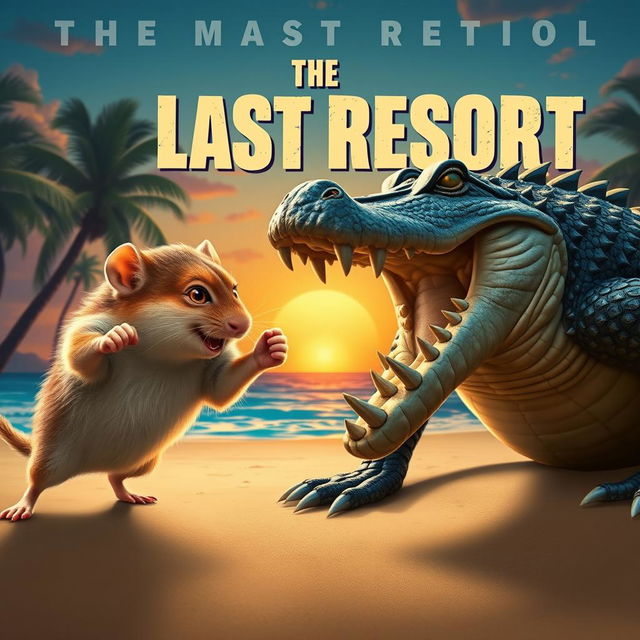 A dynamic film poster featuring a fierce battle between a small, determined hamster and a large, intimidating alligator