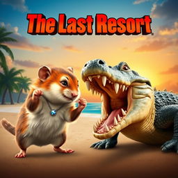 A dynamic film poster featuring a fierce battle between a small, determined hamster and a large, intimidating alligator