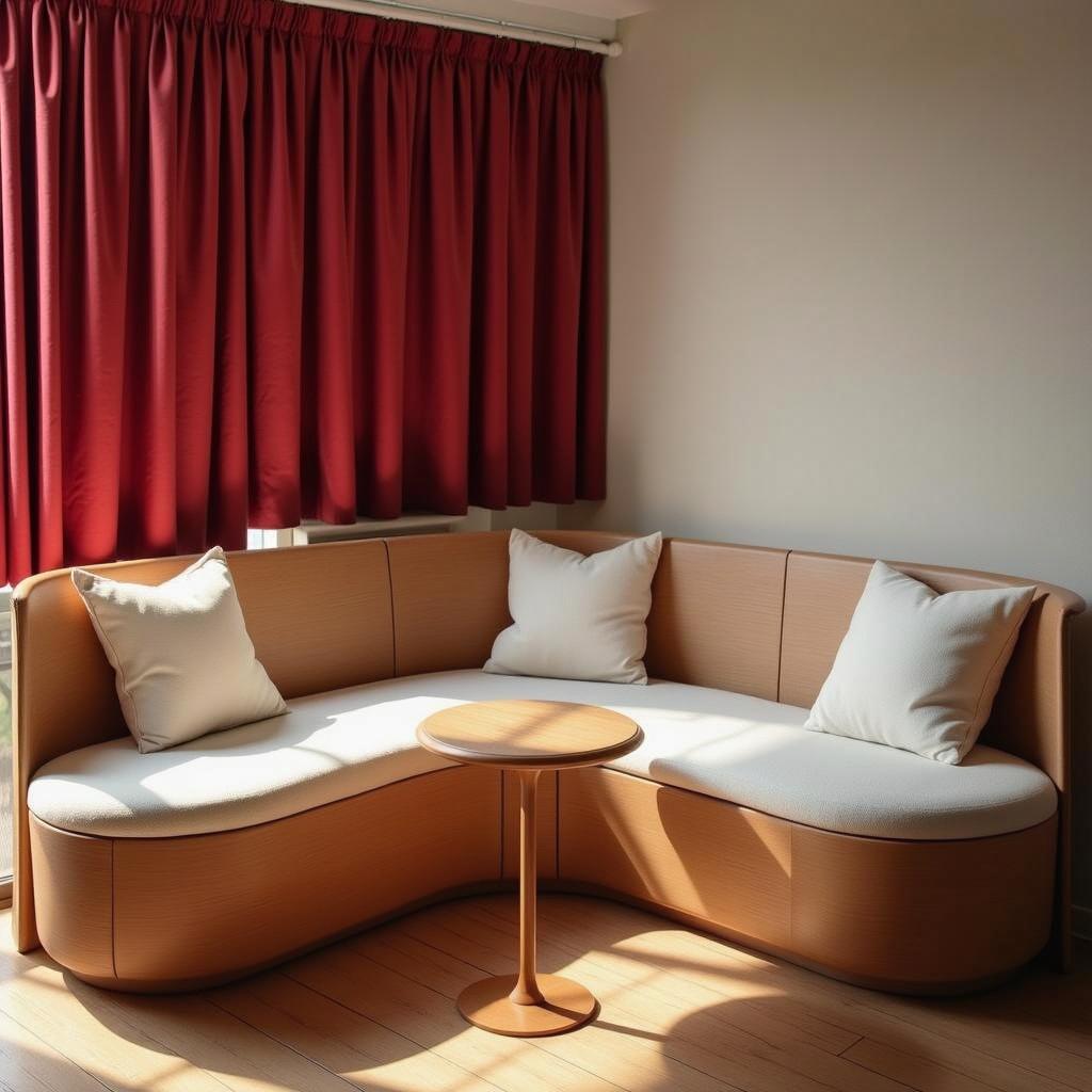 A beautifully styled modern interior scene featuring a cozy curved sofa in warm wood tones, adorned with plush white cushions