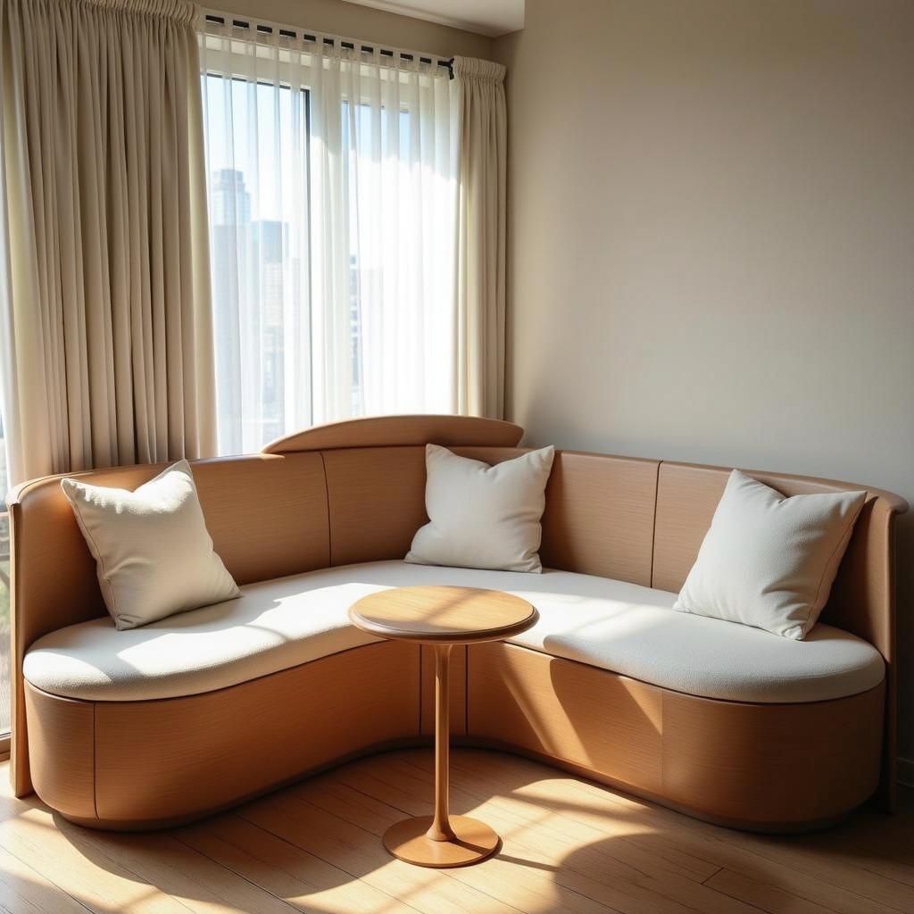 A stylish and serene interior scene showcasing a cozy, curved wooden sofa with soft white cushions