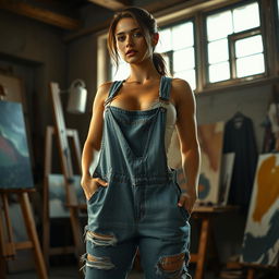 A photorealistic scene set in a painter's studio featuring a toned, muscular woman wearing oversized, baggy overalls with one strap hanging down