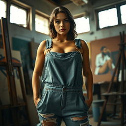 A photorealistic scene set in a painter's studio featuring a toned, muscular woman wearing oversized, baggy overalls with one strap hanging down