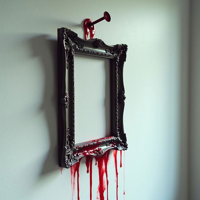 A close-up view of a picture frame mounted on a white wall, with visible blood dripping from the nail holding the frame