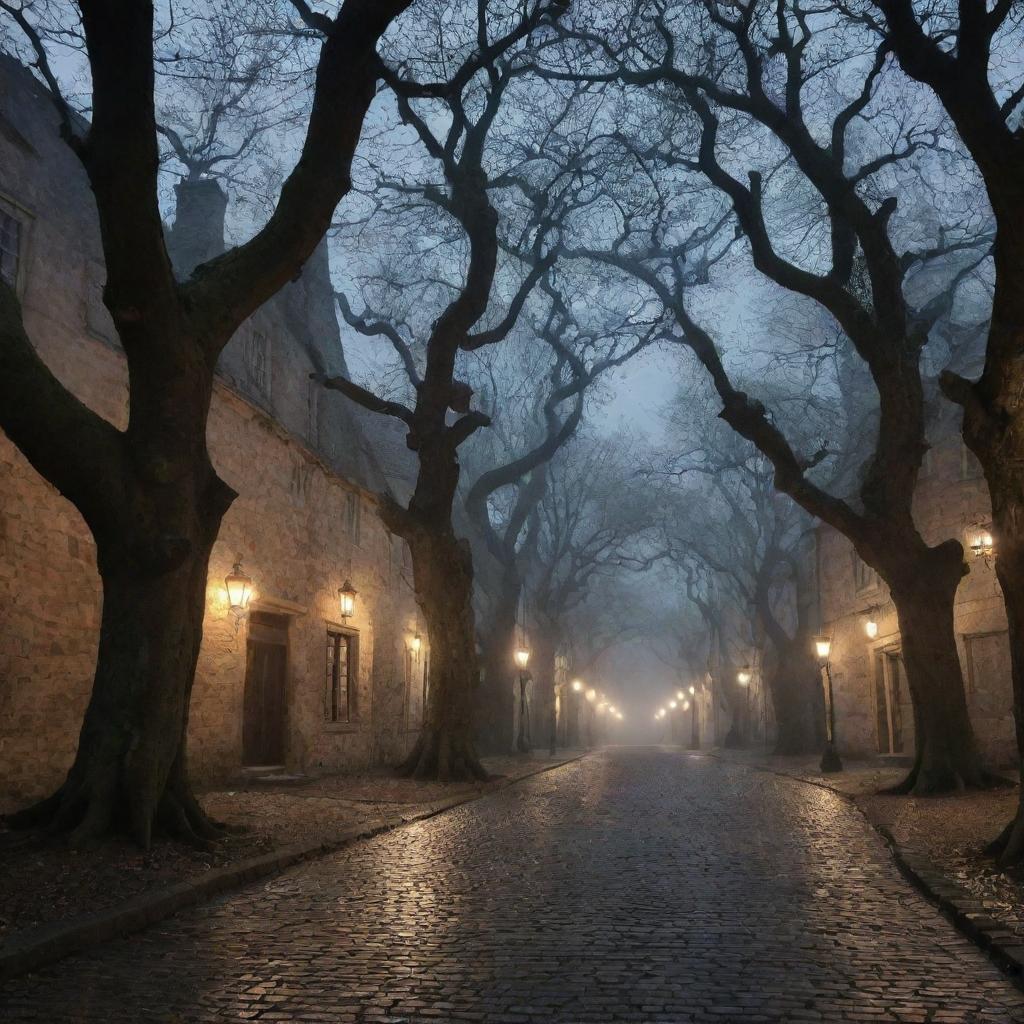 The quaint town now shrouded in a sinister aura, with gnarled old trees casting long, monstrous shadows on the cobblestones, flickering lanterns barely pushing back the threatening darkness