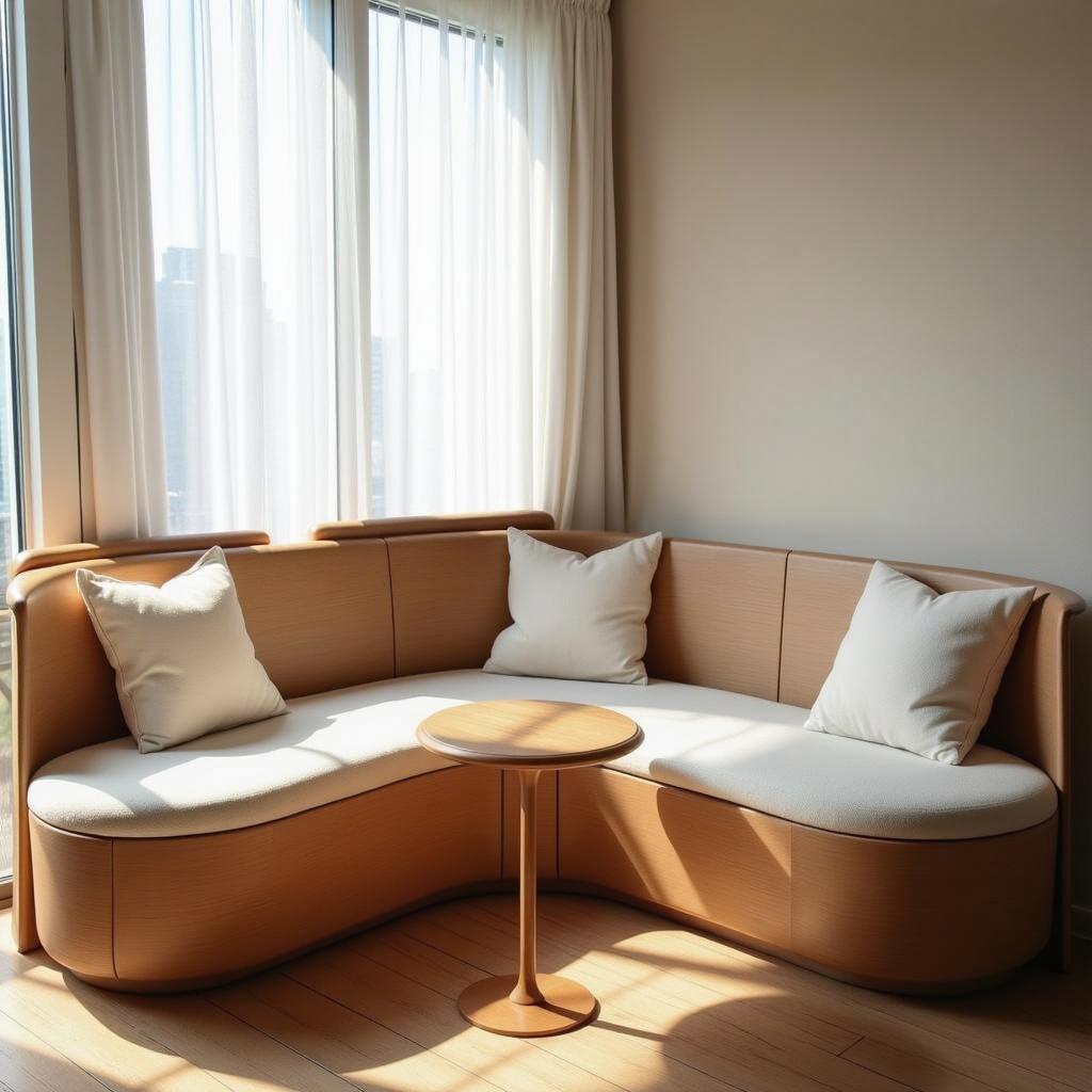 A cozy interior scene featuring a stylish, curved wooden sofa with plush white cushions