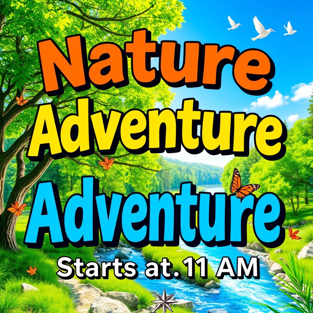 A colorful and vibrant poster featuring the words "Nature Adventure Ends at 1 PM, Starts at 11 AM" in bold, eye-catching typography