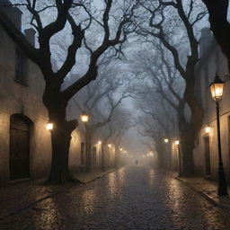 The quaint town now shrouded in a sinister aura, with gnarled old trees casting long, monstrous shadows on the cobblestones, flickering lanterns barely pushing back the threatening darkness