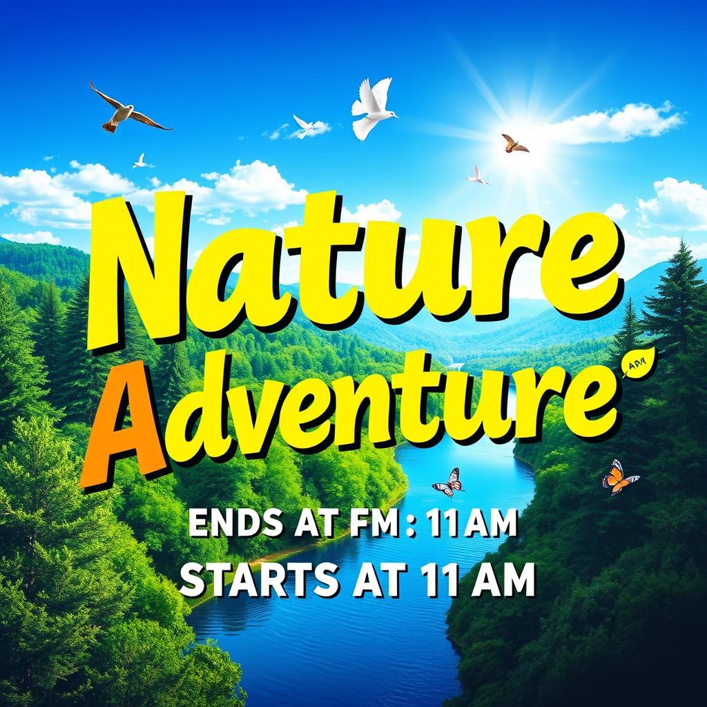 A colorful and vibrant poster featuring the words "Nature Adventure Ends at 1 PM, Starts at 11 AM" in bold, eye-catching typography