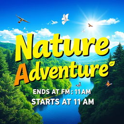 A colorful and vibrant poster featuring the words "Nature Adventure Ends at 1 PM, Starts at 11 AM" in bold, eye-catching typography