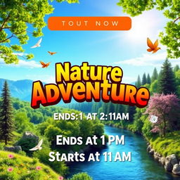 A colorful and vibrant poster featuring the words "Nature Adventure Ends at 1 PM, Starts at 11 AM" in bold, eye-catching typography