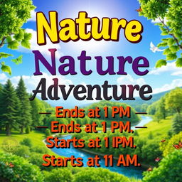 A colorful and vibrant poster featuring the words "Nature Adventure Ends at 1 PM, Starts at 11 AM" in bold, eye-catching typography