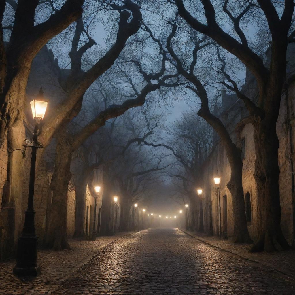 The quaint town now shrouded in a sinister aura, with gnarled old trees casting long, monstrous shadows on the cobblestones, flickering lanterns barely pushing back the threatening darkness