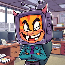 In a vibrant cartoon style, a humanoid character with a television screen for a head is depicted in an office setting