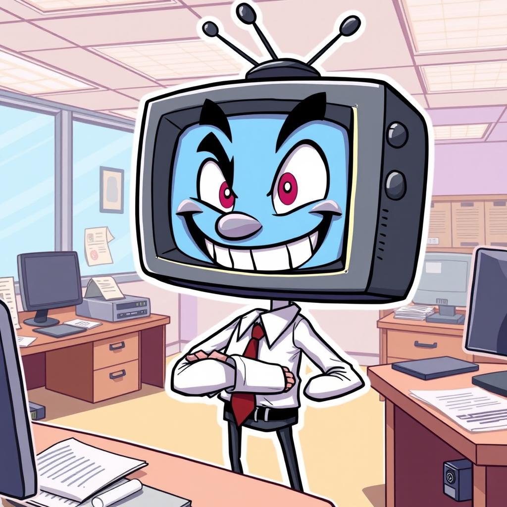 In a vibrant cartoon style, a humanoid character with a television screen for a head is depicted in an office setting