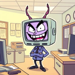 In a vibrant cartoon style, a humanoid character with a television screen for a head is depicted in an office setting