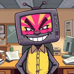 In a vibrant cartoon style, a humanoid character with a television screen for a head is depicted in an office setting