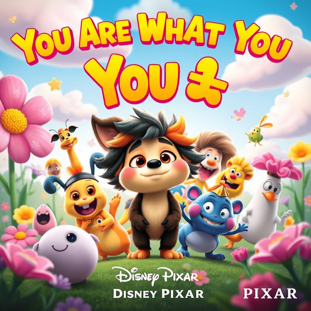 A whimsical and playful Disney Pixar-style movie poster titled "You Are What You 💩" featuring colorful cartoon characters in a lively and imaginative environment