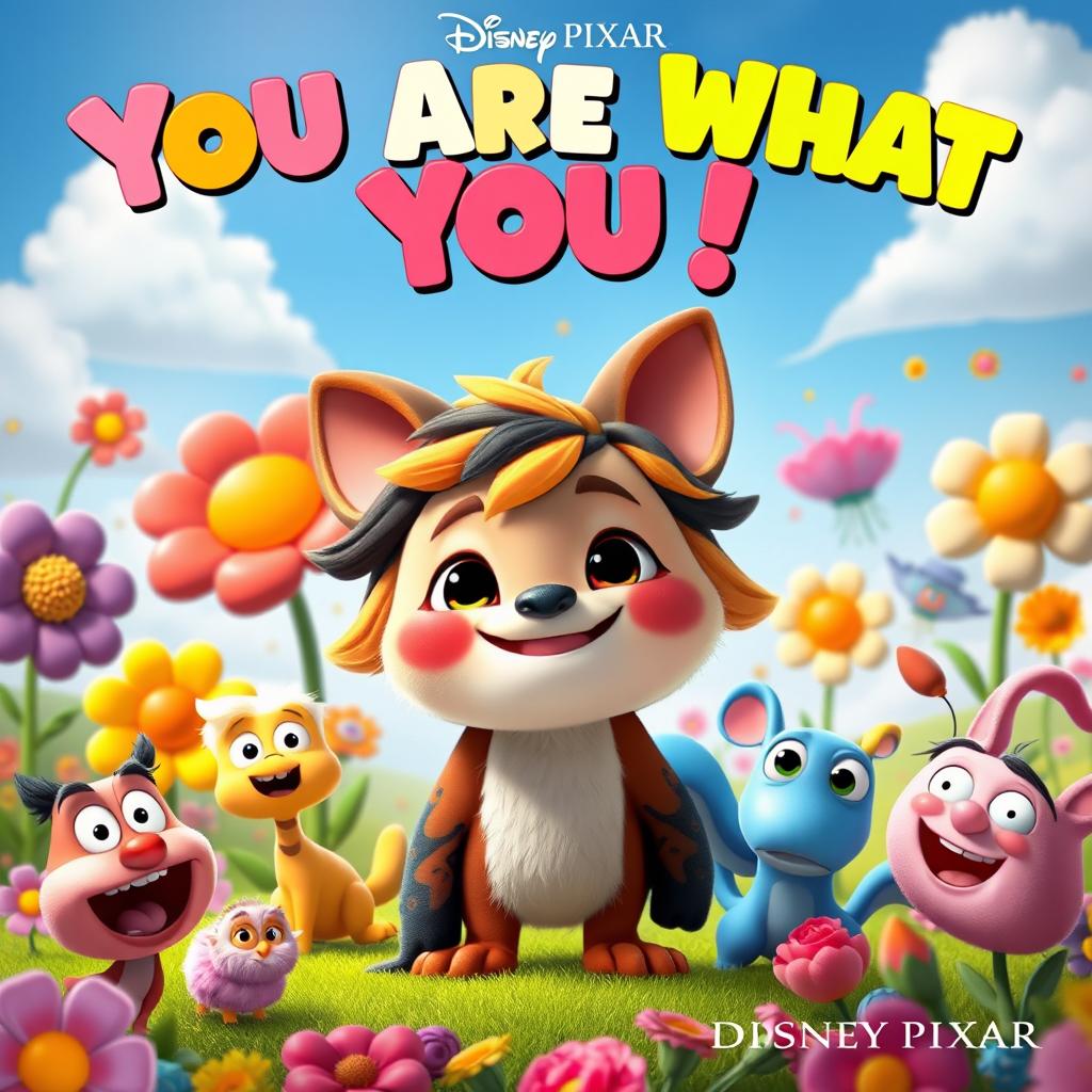 A whimsical and playful Disney Pixar-style movie poster titled "You Are What You 💩" featuring colorful cartoon characters in a lively and imaginative environment