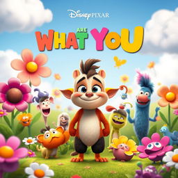 A whimsical and playful Disney Pixar-style movie poster titled "You Are What You 💩" featuring colorful cartoon characters in a lively and imaginative environment