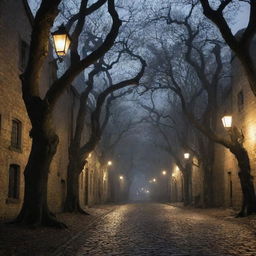 The quaint town now shrouded in a sinister aura, with gnarled old trees casting long, monstrous shadows on the cobblestones, flickering lanterns barely pushing back the threatening darkness