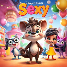 A playful and colorful Disney Pixar-style movie poster titled "Sexy" featuring adorable animated characters in a whimsical setting