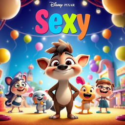 A playful and colorful Disney Pixar-style movie poster titled "Sexy" featuring adorable animated characters in a whimsical setting