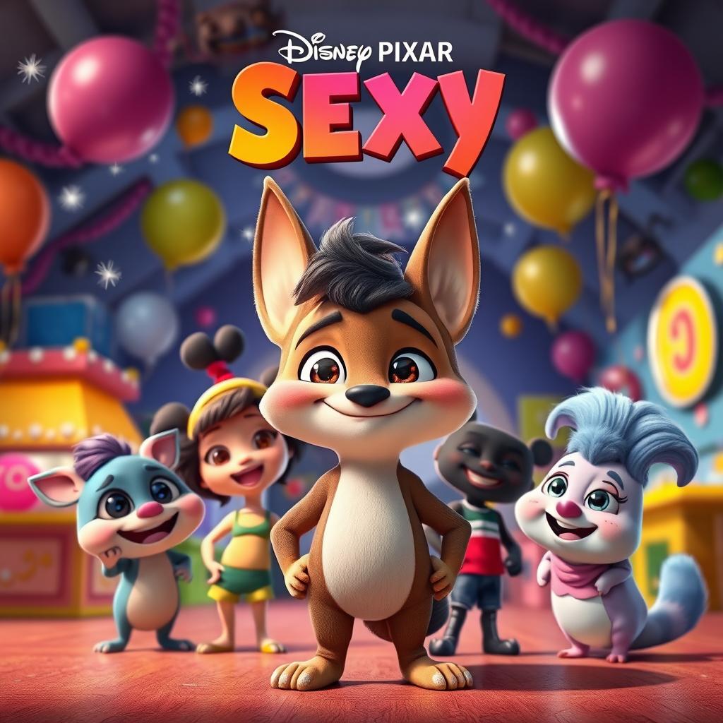 A playful and colorful Disney Pixar-style movie poster titled "Sexy" featuring adorable animated characters in a whimsical setting