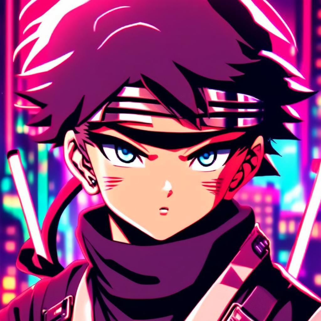 Retro-futuristic anime profile picture featuring an intense close-up of a young ninja boy against a neon-lit cityscape.