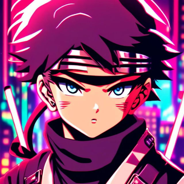 Retro-futuristic anime profile picture featuring an intense close-up of a young ninja boy against a neon-lit cityscape.