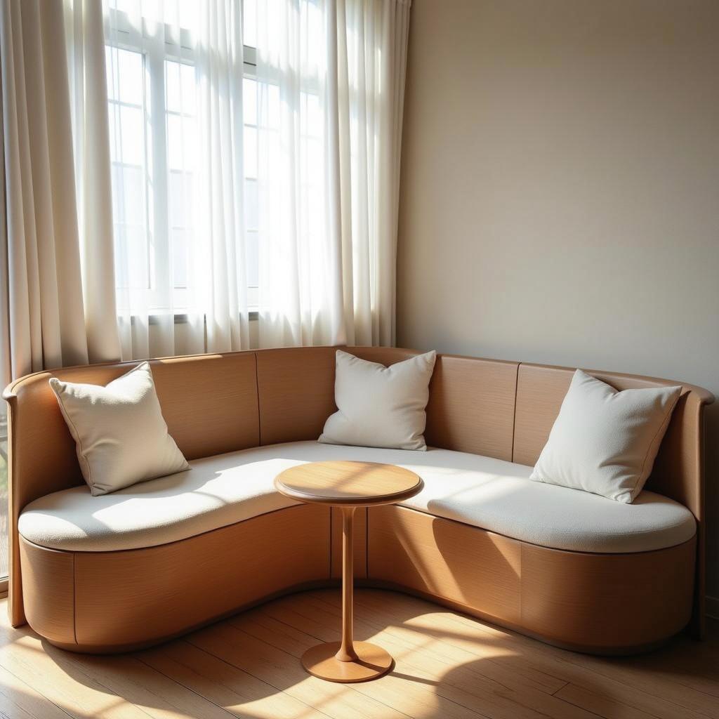 A modern and elegant interior scene featuring a cozy, curved wooden sofa with soft white cushions