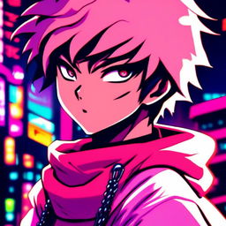 Retro-futuristic anime profile picture featuring an intense close-up of a young ninja boy against a neon-lit cityscape.