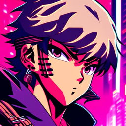 Retro-futuristic anime profile picture featuring an intense close-up of a young ninja boy against a neon-lit cityscape.