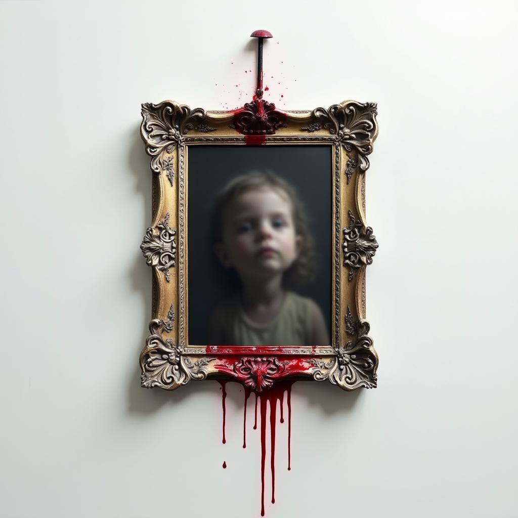 A picture frame nailed to a pristine white wall, featuring blood gently dripping down from the nail, creating a stark contrast with the white background