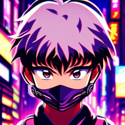 Retro-futuristic anime profile picture featuring an intense close-up of a young ninja boy against a neon-lit cityscape.