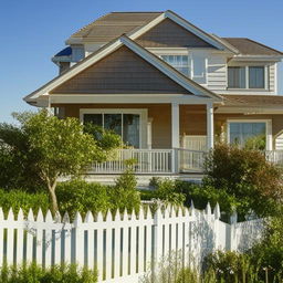 A charming, warm, and inviting suburban house with a well-groomed garden and a picket fence under a clear, sunny sky