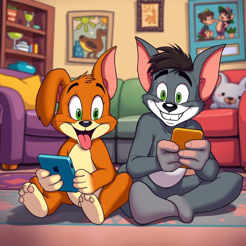 In the whimsical style of Tom and Jerry, a brown puppy and its owner are both sitting on the floor, looking intently at their smartphones with wide, hypnotized eyes