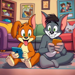 In the whimsical style of Tom and Jerry, a brown puppy and its owner are both sitting on the floor, looking intently at their smartphones with wide, hypnotized eyes