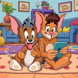 In the whimsical style of Tom and Jerry, a brown puppy and its owner are both sitting on the floor, looking intently at their smartphones with wide, hypnotized eyes