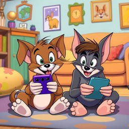 In the whimsical style of Tom and Jerry, a brown puppy and its owner are both sitting on the floor, looking intently at their smartphones with wide, hypnotized eyes