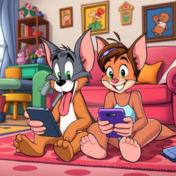 In the whimsical style of Tom and Jerry, a brown puppy and its owner are both sitting on the floor, looking intently at their smartphones with wide, hypnotized eyes