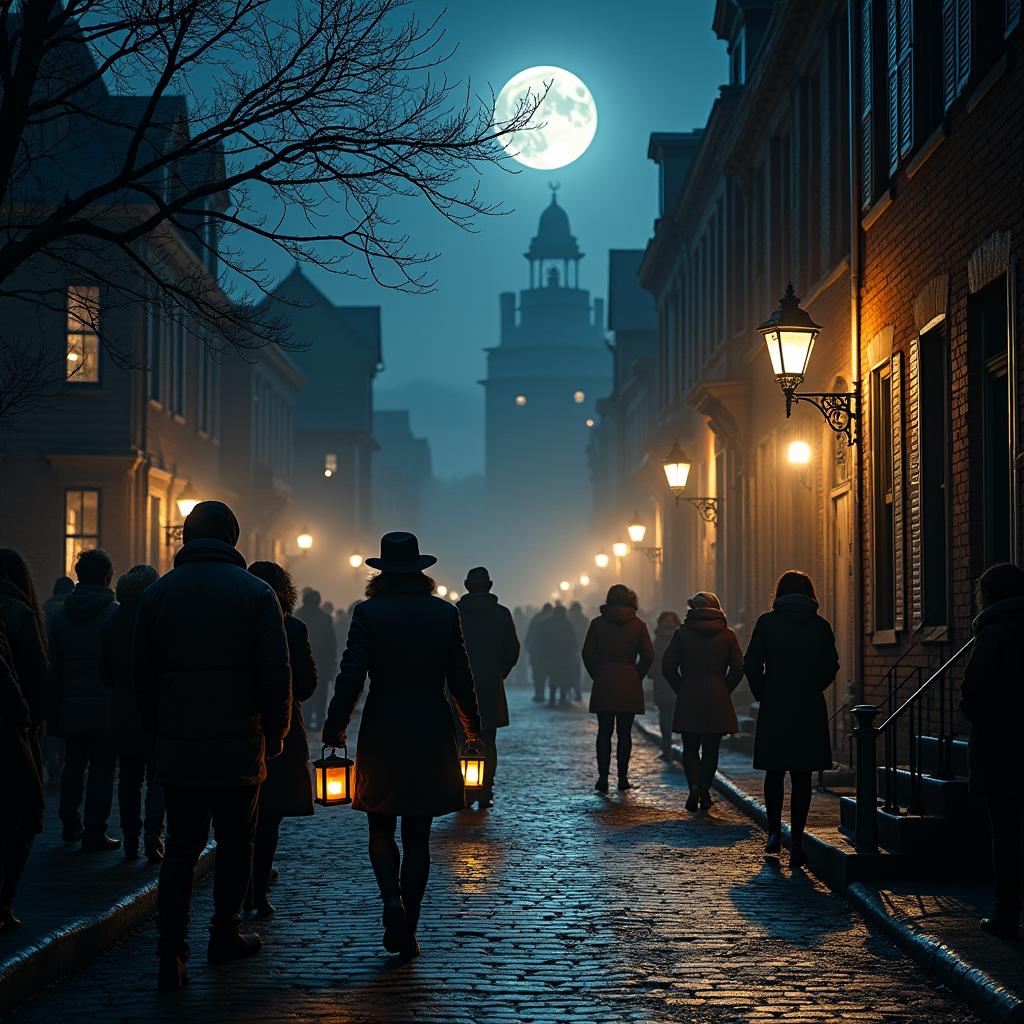 A scenic view of a haunted historic neighborhood at night, with a ghost tour group walking along a cobblestone street illuminated by street lamps