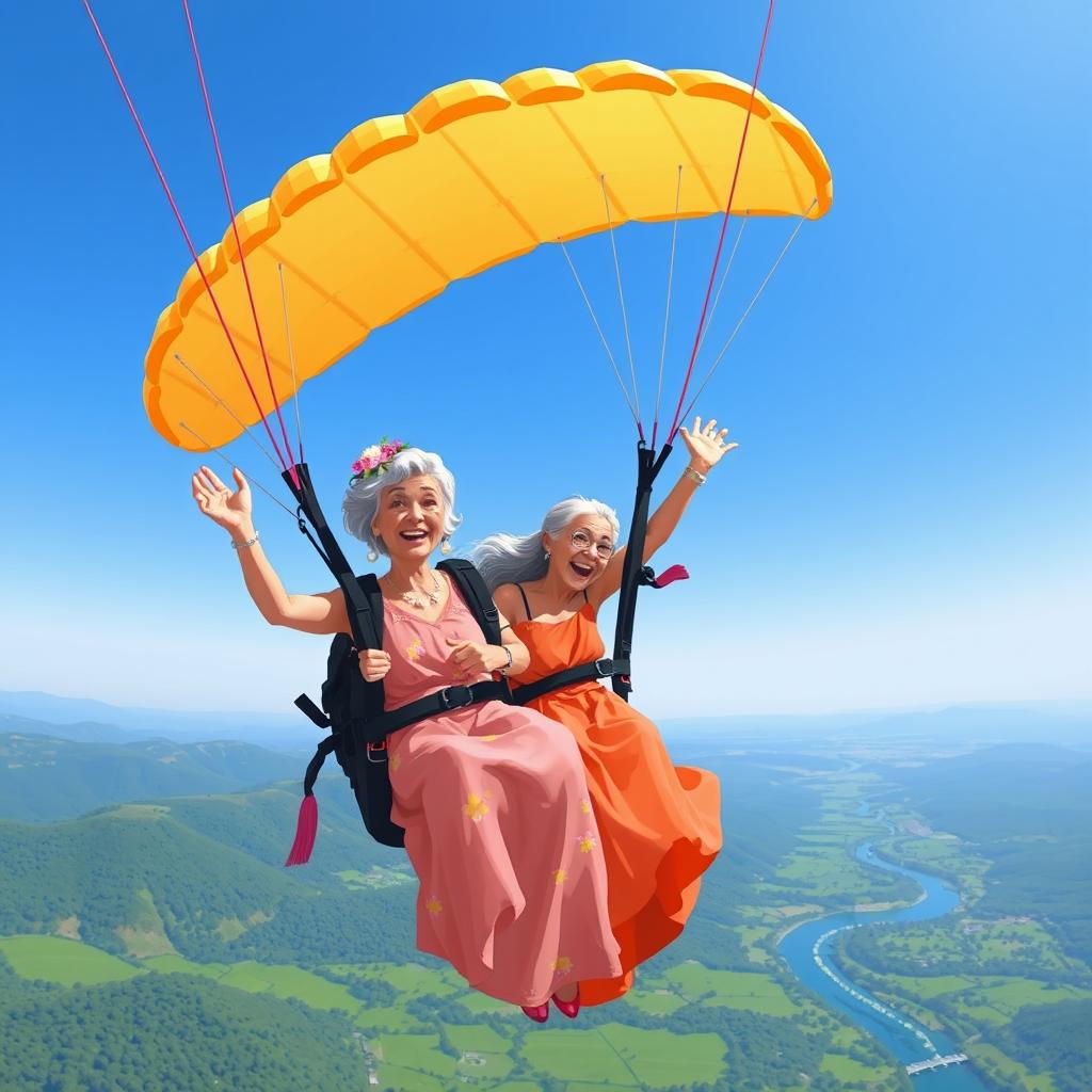 Two elderly women joyfully getting married while paragliding, depicted in vibrant pixelart style