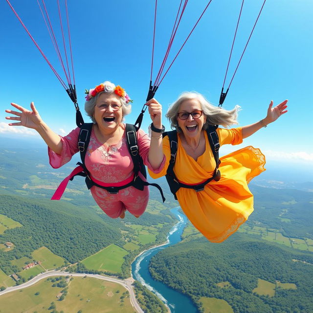 Two elderly women joyfully getting married while paragliding, depicted in vibrant pixelart style