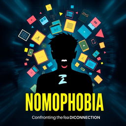 A book cover design focusing on the theme of nomophobia, the fear of being without one's smartphone